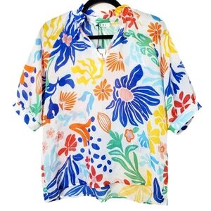 THML NWT Colorful Floral Popover Top - Vibrant Short Sleeve Flower Blouse Medium